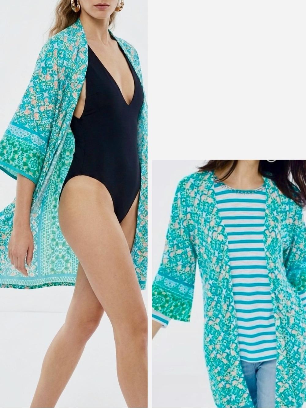 CHICO’S Lightweight Teal Turquoise Blue Tile Patterned Tunic Cardigan Wrap